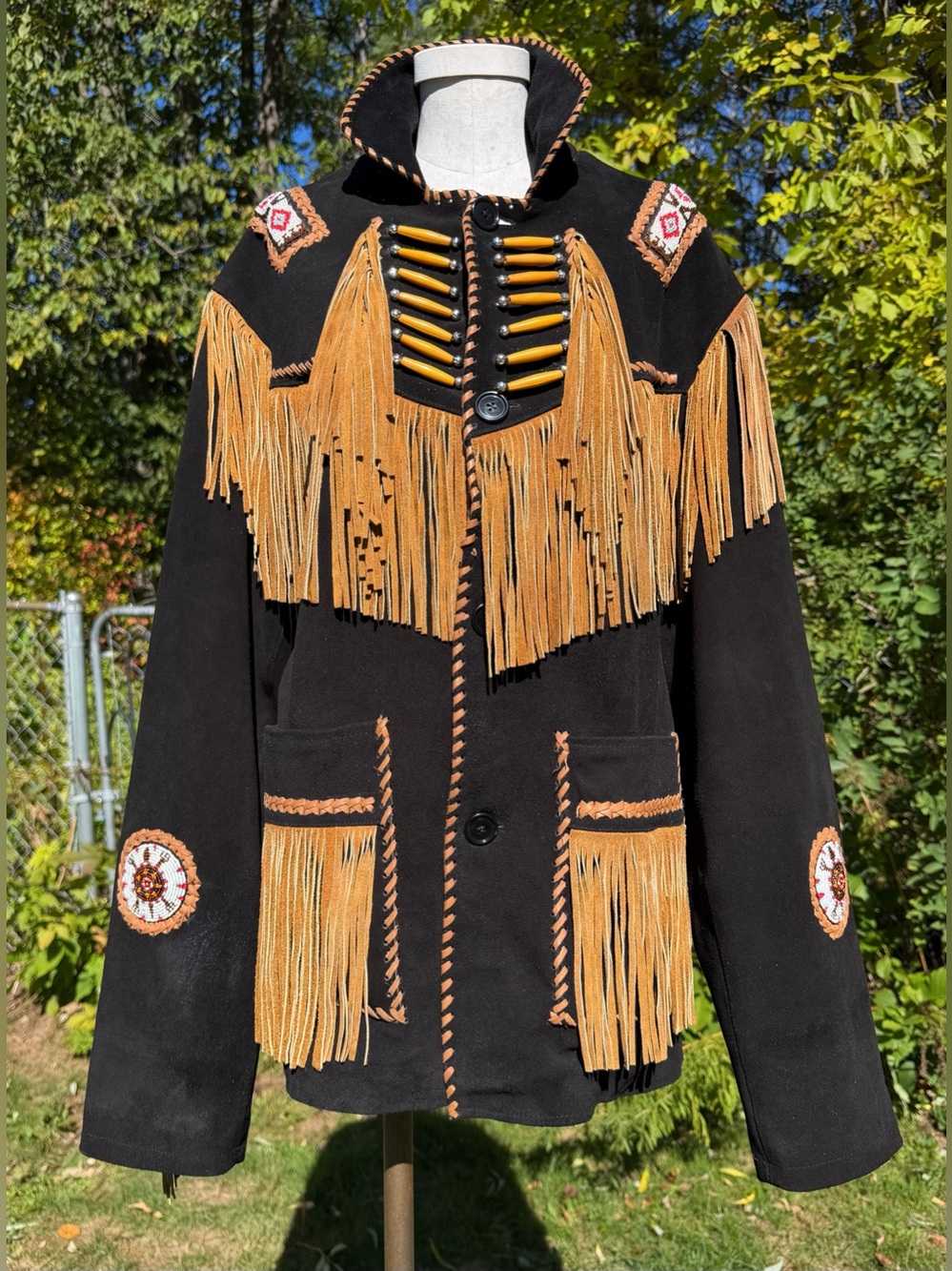 Genuine Leather Western Fringe Beaded Suede Jacket Black Tan Mens XL Bone Coat